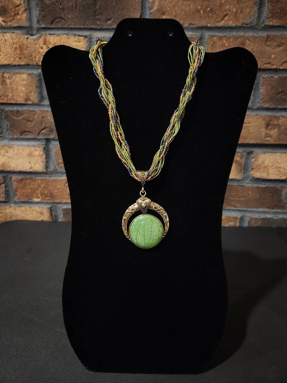 Bohemian Style Braided Cord Necklace Green Purple & Gold Colors & Green Pendant